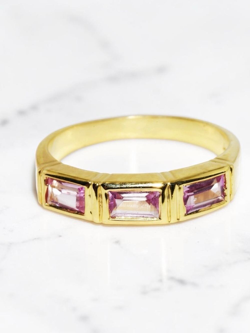 Pink Sapphire 3 Stone Band Gold Over Sterling Silver Lab Created Emerald Cut